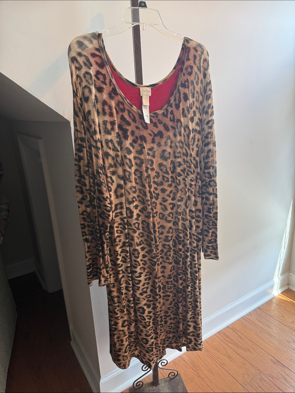 Chico's Leopard-Print Long Sleeve Dress in Brown with Red Lining